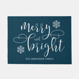 Elegant Blue Winter Christmas Merry And Bright Doormat