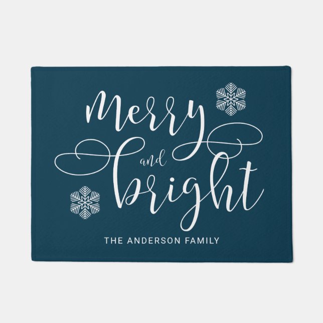 Elegant Blue Winter Christmas Merry And Bright Doormat (Front)