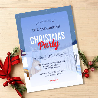 Elegant Blue Winter Cottage Christmas Party Invitation