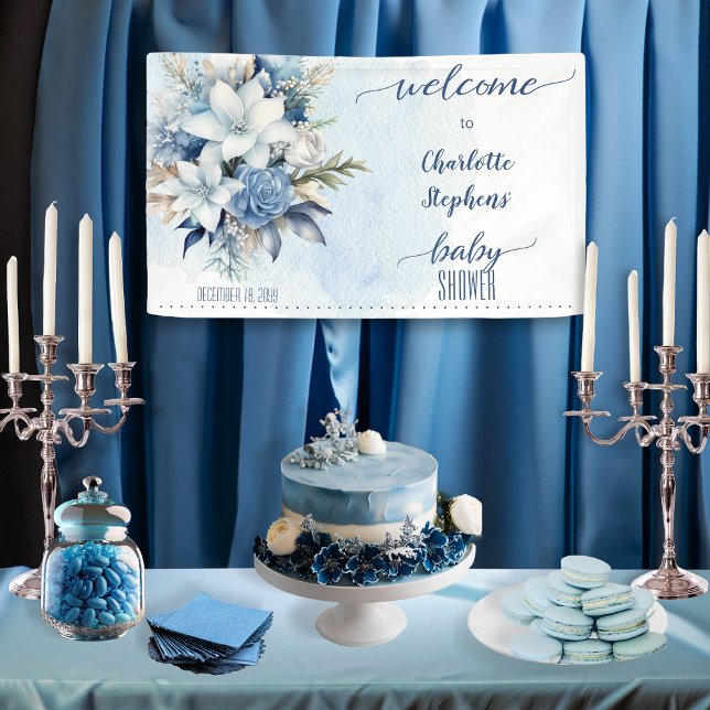Elegant Blue Winter Floral Boy Baby Shower Banner (Elegant Blue Winter Floral Boy Baby Shower Welcome Banner)