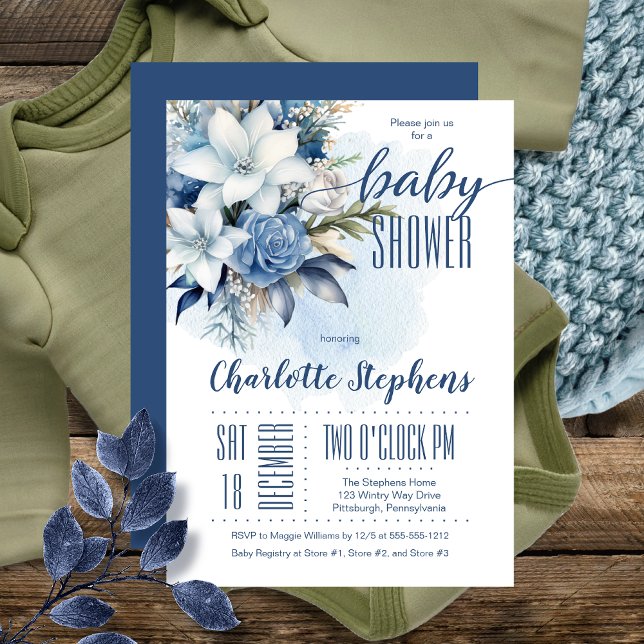 Elegant Blue Winter Floral Boy Baby Shower Invitation (Elegant Blue Winter Floral Boy Baby Shower Invitation )