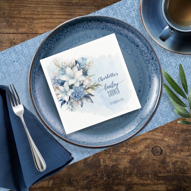 Elegant Blue Winter Floral Boy Baby Shower Napkin (Elegant Blue Winter Floral Boy Baby Shower Paper Napkins)