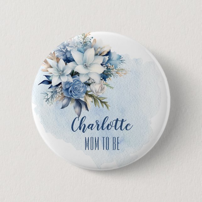 Elegant Blue Winter Floral Shower Mum to Be 6 Cm Round Badge (Front)