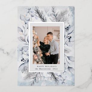 elegant blue winter foliage photo holiday card