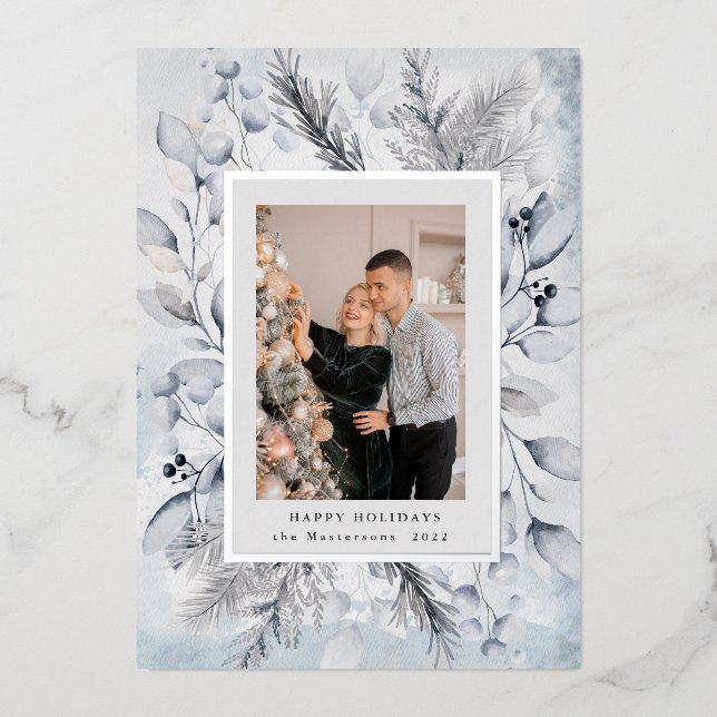 elegant blue winter foliage photo holiday card (Front)