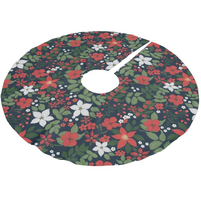 Elegant Blue Winter Red White Floral Painting Brushed Polyester Tree Skirt (Angled)