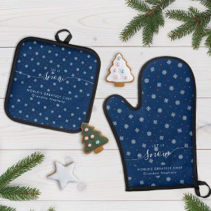 Elegant blue Winter snowflakes and dots custom Oven Mitt & Pot Holder Set