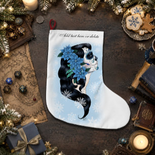 Elegant Blue Winter Sugar Skull Floral Woman Large Christmas Stocking