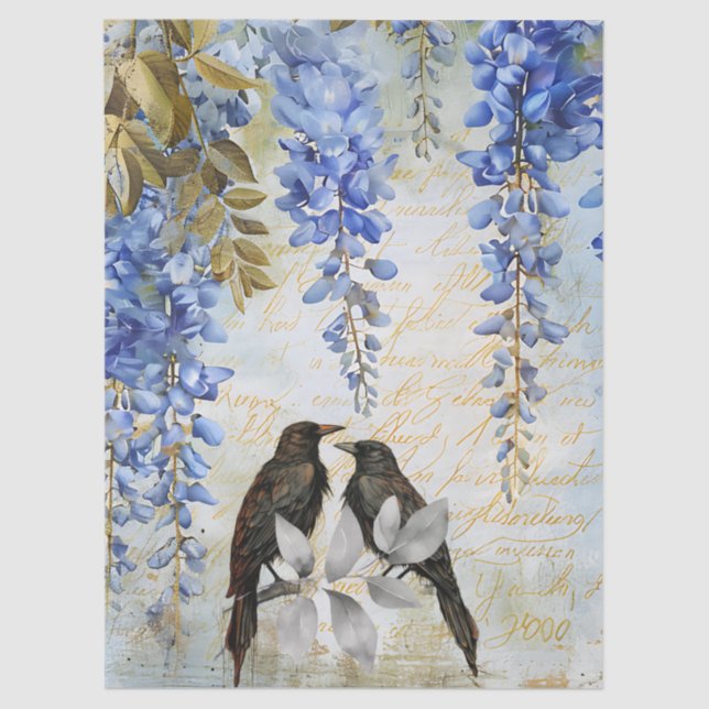 Elegant Blue Wisteria & Ravens Decoupage Paper (Front)