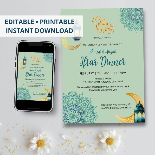 Elegant Blue with Lantern and Crescent Moon Iftar Invitation (Creator Uploaded)