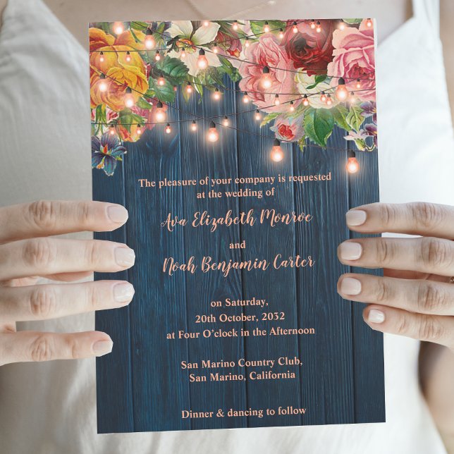 Elegant Blue Wood Floral String Lights Wedding Invitation (Elegant Blue Wood Floral String Lights Wedding Invitation)