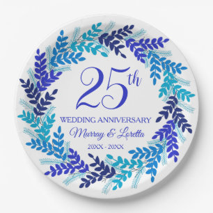 Elegant Blue Wreath 25th Anniversary Party Paper Plate