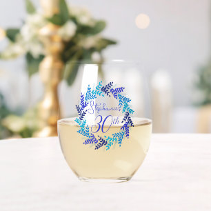 Elegant Blue Wreath 30th Birthday Party Stemless Wine Glass