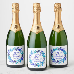 Elegant Blue Wreath 30th Wedding Anniversary Sparkling Wine Label