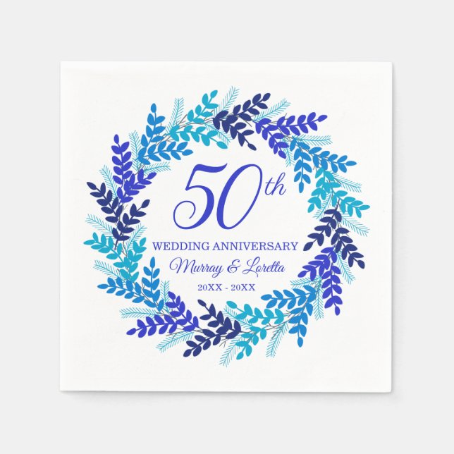 Elegant Blue Wreath 50th Anniversary Party Napkins (Front)