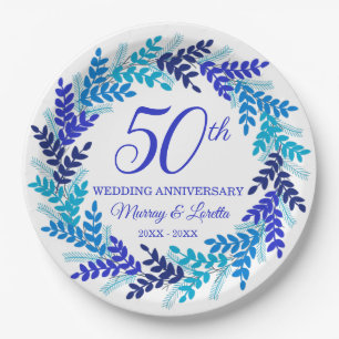 Elegant Blue Wreath 50th Anniversary Party Paper Plate