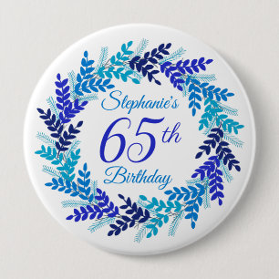 Elegant Blue Wreath 65th Birthday 10 Cm Round Badge