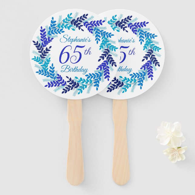 Elegant Blue Wreath 65th Birthday Hand Fan (Front and Back)