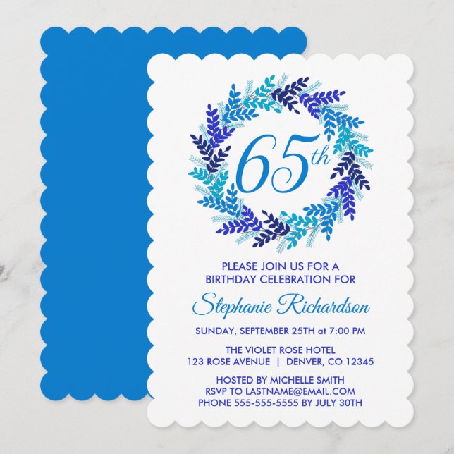 Elegant Blue Wreath 65th Birthday Invitation (Front/Back)