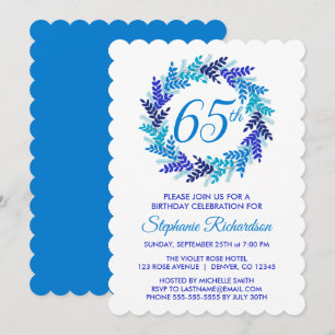 Elegant Blue Wreath 65th Birthday Invitation
