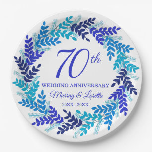 Elegant Blue Wreath 70th Anniversary Party Paper Plate