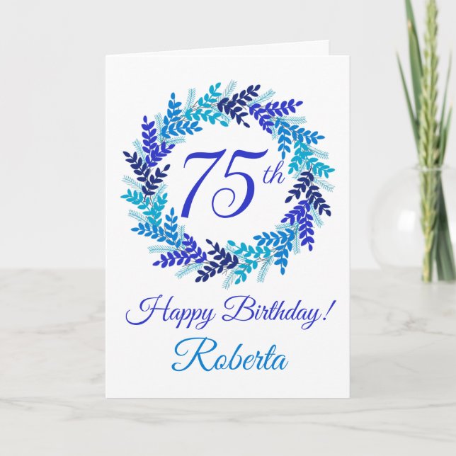 Elegant Blue Wreath 75th Birthday Card (Front)