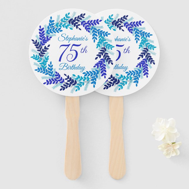 Elegant Blue Wreath 75th Birthday Hand Fan (Front and Back)