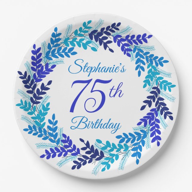 Elegant Blue Wreath 75th Birthday Paper Plate (Front)