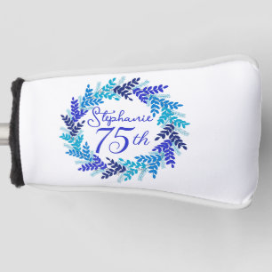 Elegant Blue Wreath 75th Birthday Putter Golf Head Cover
