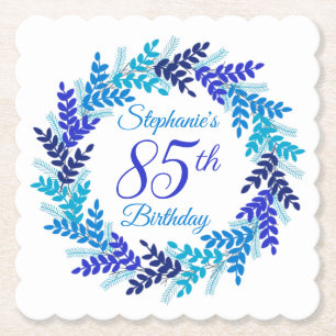 Elegant Blue Wreath 85th Birthday Paper Coaster
