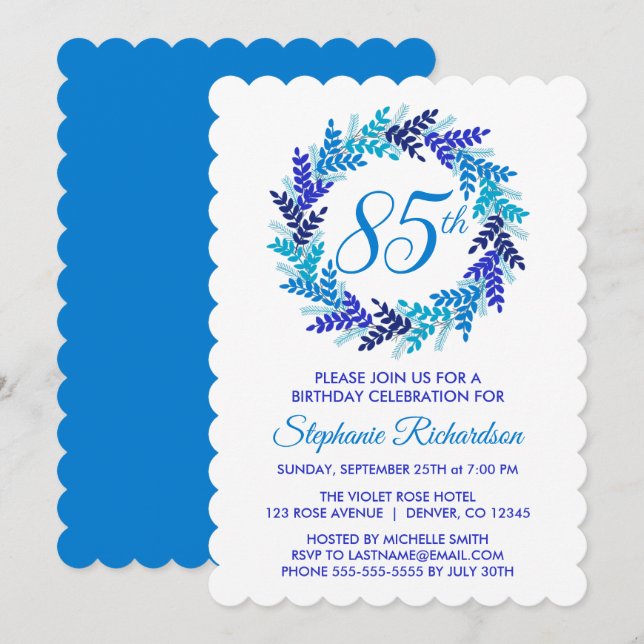 Elegant Blue Wreath 85th Birthday Party Invitation (Front/Back)