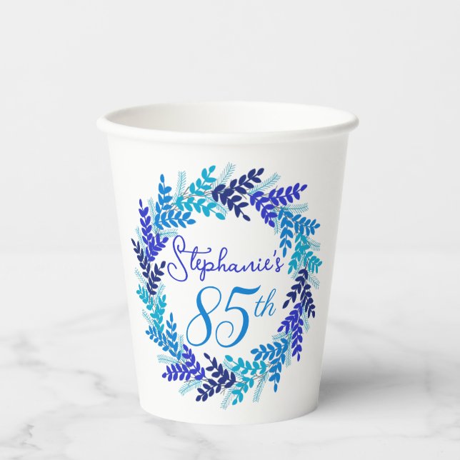 Elegant Blue Wreath 85th Birthday Party Paper Cups (Front)