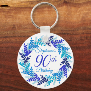 Elegant Blue Wreath 90th Birthday Keychain