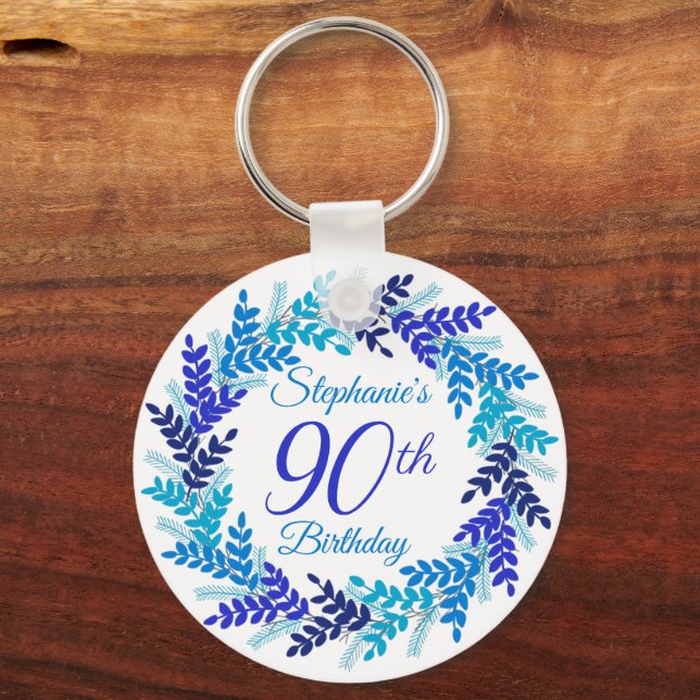 Elegant Blue Wreath 90th Birthday Keychain (Front)