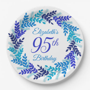 Elegant Blue Wreath 95th Birthday Paper Plate