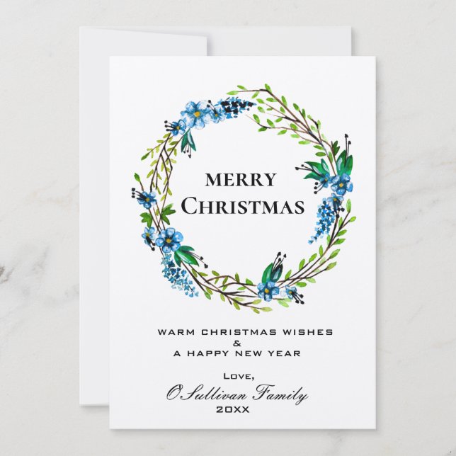 Elegant Blue Wreath Christmas Card – Floral (Front)