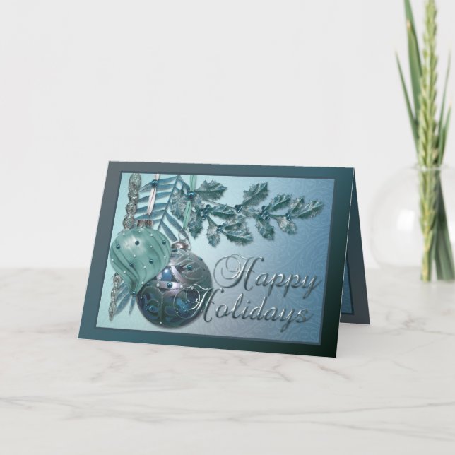 Elegant Blue X-Mas Ornaments Holiday Card (Front)
