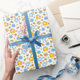 Elegant Blue Yellow Country Rustic Ditsy Floral Wrapping Paper