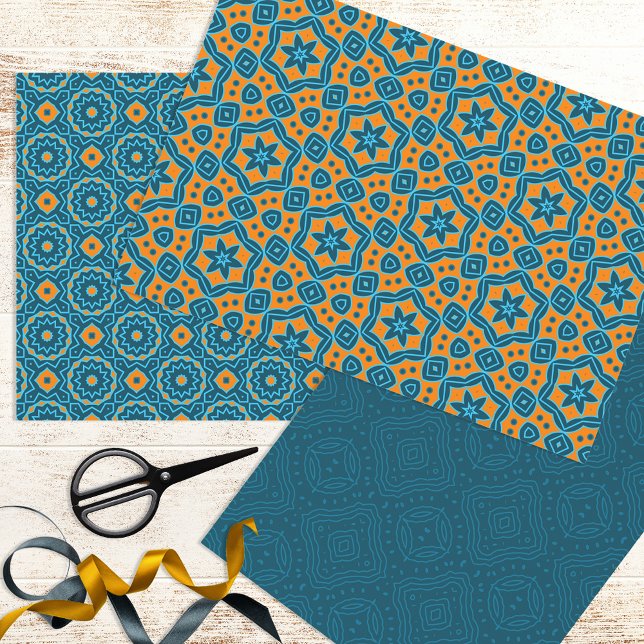 Elegant Blue & Yellow Ethnic Geometric Patterns Wrapping Paper Sheet (Creator Uploaded)