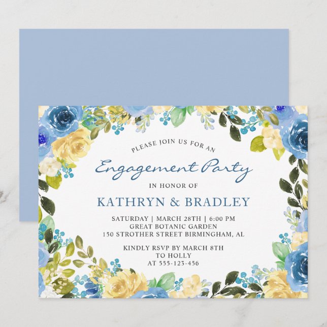 Elegant Blue Yellow Floral Engagement Party Card (Front/Back)