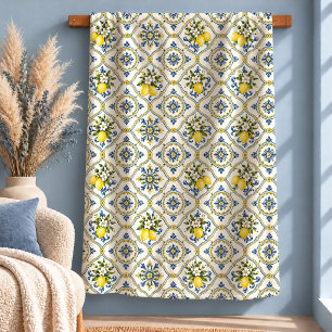 Elegant Blue Yellow Floral Tile Pattern Blanket