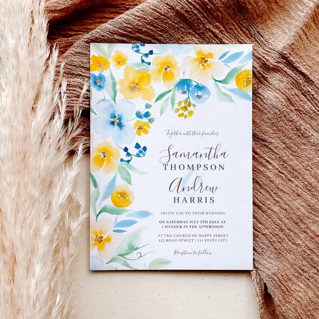 Elegant blue yellow floral watercolor wedding invitation (Creator Uploaded)