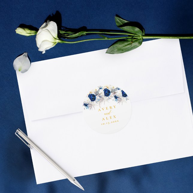 Elegant Blue & Yellow Floral Wedding  Classic Round Sticker (Creator Uploaded)