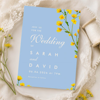 Elegant blue & Yellow floral wildflowers wedding Invitation
