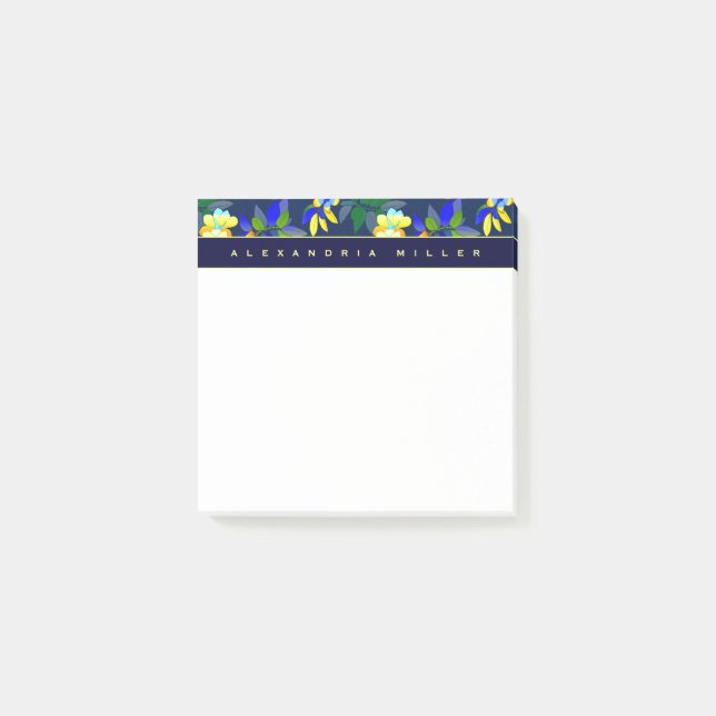 Elegant Blue & Yellow Flowers with Name Post-it Notes (Front)