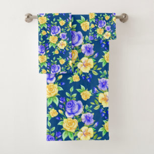 Elegant Blue Yellow Rose Floral Pattern Bath Towel Set