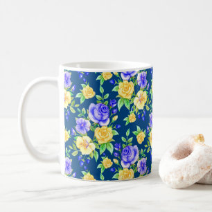 Elegant Blue Yellow Rose Floral Pattern Coffee Mug