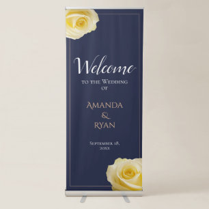 Elegant Blue Yellow Rose Floral Wedding Welcome Retractable Banner