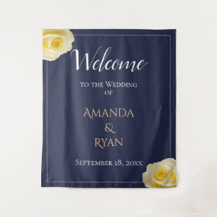 Elegant Blue Yellow Roses Floral Wedding Welcome Tapestry