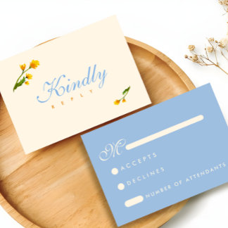 Elegant Blue & Yellow watercolor floral wedding RSVP Card